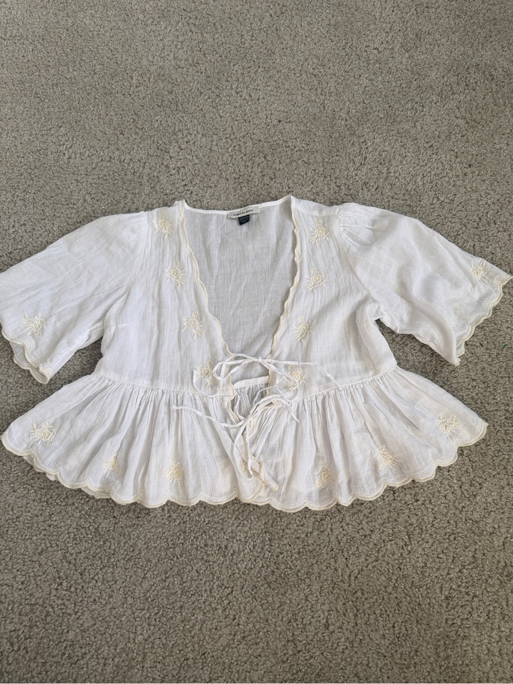 American Eagle Outfitters White Embroidered Tie-Front Peplum Top